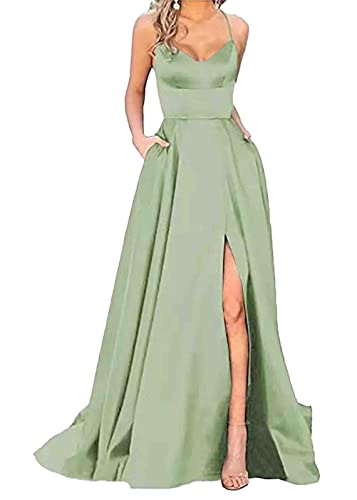 shownicer Damen Elegant Lange Ballkleider mit Taschen Satin A-Linie Backless Hochzeitskleid Neckholder Rückenfrei Lange Kleider Party Abendkleid Seitenschlitz Hochzeit Festtagskleid A Hellgrün S von shownicer