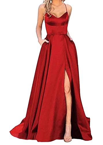 shownicer Damen Elegant Lange Ballkleider mit Taschen Satin A-Linie Backless Hochzeitskleid Neckholder Rückenfrei Lange Kleider Party Abendkleid Seitenschlitz Hochzeit Festtagskleid A Rot S von shownicer