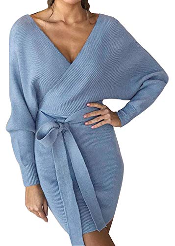 shownicer Damen Elegant Pulloverkleid Tunika Strickkleid V-Ausschnitt Langarm Casual Kleid Minikleid Mit Gürtel A Hellblau S von shownicer