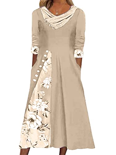 shownicer Damen Elegant Sommerkleider Blumen V-Ausschnitt Lange Kleid Casual Hohe Taille Maxikleid A-Linie Kleid Kurzarm Knielang Strandkleider MidiKleid Wickelkleid Khaki L von shownicer