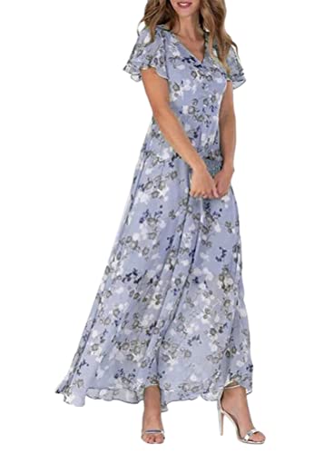 shownicer Damen Elegant Sommerkleider Lange Kleid Chiffon Rüschen Blumen Kurzarm V-Ausschnitt Hohe Taille Maxikleid Partykleid Blumenkleid Strandkleid Cocktailkleid A Blau XL von shownicer