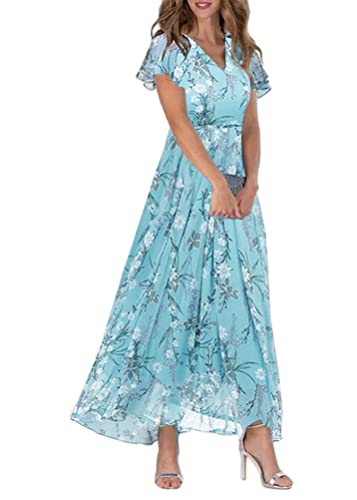 shownicer Damen Elegant Sommerkleider Lange Kleid Chiffon Rüschen Blumen Kurzarm V-Ausschnitt Hohe Taille Maxikleid Partykleid Blumenkleid Strandkleid Cocktailkleid A Hellgrün M von shownicer