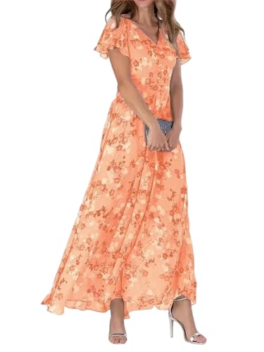 shownicer Damen Elegant Sommerkleider Lange Kleid Chiffon Rüschen Blumen Kurzarm V-Ausschnitt Hohe Taille Maxikleid Partykleid Blumenkleid Strandkleid Cocktailkleid A Orange XXL von shownicer