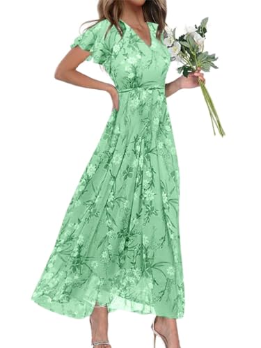 shownicer Damen Elegant Sommerkleider Lange Kleid Chiffon Rüschen Blumen Kurzarm V-Ausschnitt Hohe Taille Maxikleid Partykleid Blumenkleid Strandkleid Cocktailkleid B Grün S von shownicer