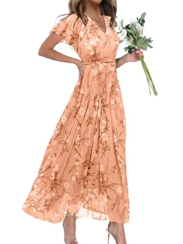 shownicer Damen Elegant Sommerkleider Lange Kleid Chiffon Rüschen Blumen Kurzarm V-Ausschnitt Hohe Taille Maxikleid Partykleid Blumenkleid Strandkleid Cocktailkleid B Orange XL von shownicer