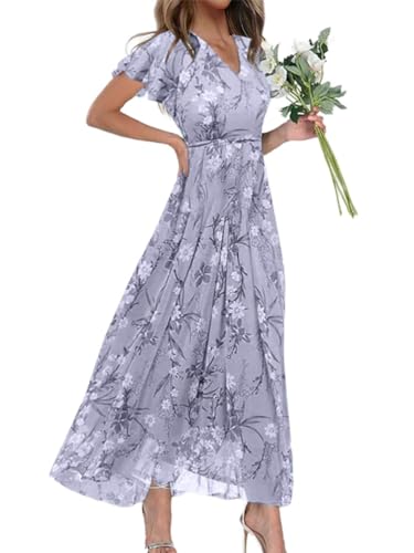 shownicer Damen Elegant Sommerkleider Lange Kleid Chiffon Rüschen Blumen Kurzarm V-Ausschnitt Hohe Taille Maxikleid Partykleid Blumenkleid Strandkleid Cocktailkleid B Violett M von shownicer