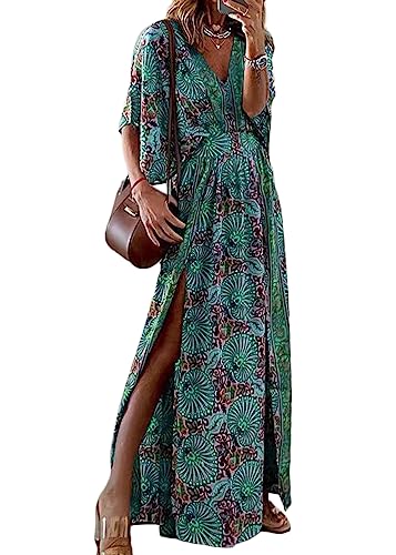 shownicer Damen Elegant Sommerkleider Rundhals Hohe Taille Chiffon Lange Kleid Rüschen Blumen Maxikleid 3/4-Arm Blumenmuster Partykleid B Grün L von shownicer