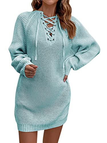 shownicer Damen Elegant Strickkleid Pulloverkleid Tunika Kleid V-Ausschnitt Langarm Einfarbige Minikleid Winterkleider Strickkleider Warme Strick Longpullover mit Schnürung A Blau L von shownicer