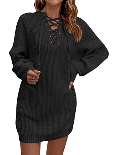 shownicer Damen Elegant Strickkleid Pulloverkleid Tunika Kleid V-Ausschnitt Langarm Einfarbige Minikleid Winterkleider Strickkleider Warme Strick Longpullover mit Schnürung A Schwarz M von shownicer