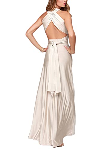 shownicer Damen Elgant Lange Abendkleider Multiway Brautjungfernkleid Wickelkleid V-Ausschnitt Cocktailkleid Bodenlang Partykleid Rückenfrei Neckholder A Linie Maxikleid Ballkleid 14 Beige M von shownicer