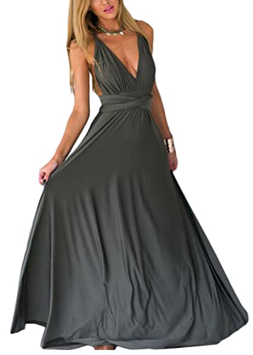shownicer Damen Elgant Lange Abendkleider Multiway Brautjungfernkleid Wickelkleid V-Ausschnitt Cocktailkleid Bodenlang Partykleid Rückenfrei Neckholder A Linie Maxikleid Ballkleid 6 Grau L von shownicer