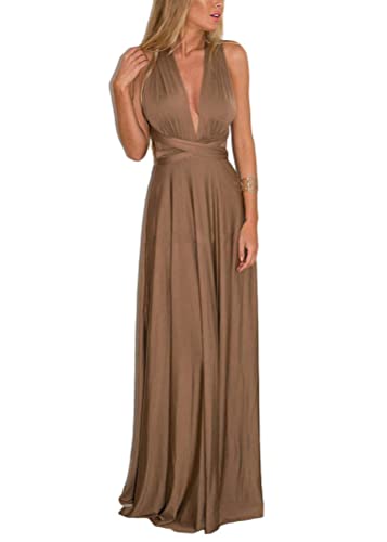 shownicer Damen Elgant Lange Abendkleider Multiway Brautjungfernkleid Wickelkleid V-Ausschnitt Cocktailkleid Bodenlang Partykleid Rückenfrei Neckholder A Linie Maxikleid Ballkleid 8 Braun L von shownicer