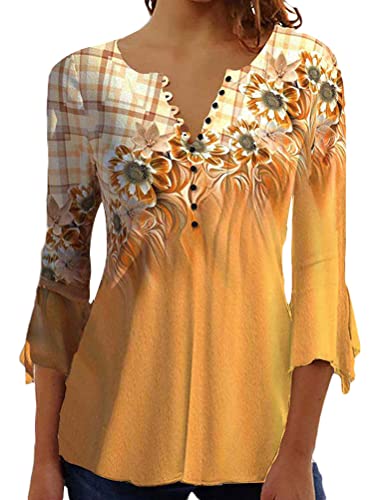 shownicer Damen Falten Tunika 3/4 Arm Bluse Mode Floral Bedruckte T-Shirt Casual Locker Knopfleiste Plissee Henley Tops Frühling Sommer D Orange XXL von shownicer