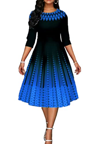 shownicer Damen Faltenrock Kleider Elegant Blumen Cocktailkleid Retro Rockabilly 50er A-Line 3/4 Ärmel Knielang Kleid Midilang Abendkleider C1 Blau XL von shownicer
