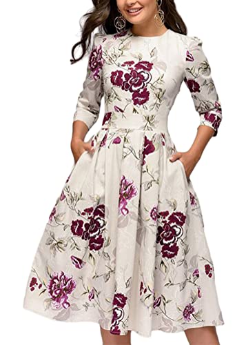 shownicer Damen Faltenrock Kleider Elegant Blumen Cocktailkleid Retro Rockabilly 50er A-Line 3/4 Ärmel Rundhals Knielang Kleid Midilang Abendkleider A Weiß M von shownicer