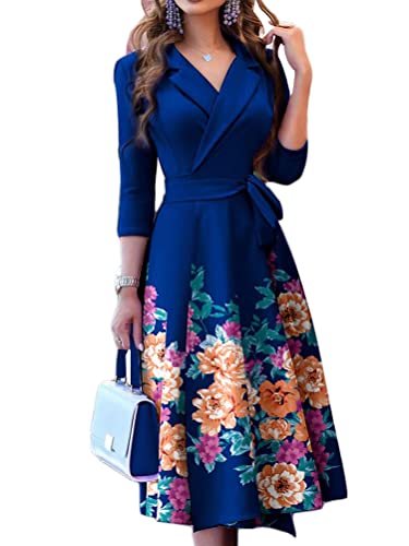 shownicer Damen Faltenrock Kleider Elegant Blumen Cocktailkleid Retro Rockabilly 50er A-Line 3/4 Ärmel Rundhals Knielang Kleid Midilang Abendkleider C Blau XL von shownicer
