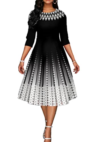 shownicer Damen Faltenrock Kleider Elegant Blumen Cocktailkleid Retro Rockabilly 50er A-Line 3/4 Ärmel Rundhals Knielang Kleid Midilang Abendkleider C1 Grau L von shownicer