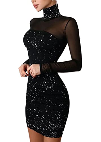 shownicer Damen Figurbetontes Kleid mit Punkten Mesh Partykleid Langarm Minikleid Vintage Kleider Elegant Freizeitkleid A Schwarz04 S von shownicer