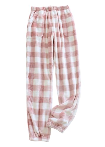 shownicer Damen Flauschige Plüsch Karierte Pyjamahose Winter Warme Plüschhose Bequeme Schlafanzughose Mit Taschen Haushose Fleecehose Sporthose B Rosa L von shownicer