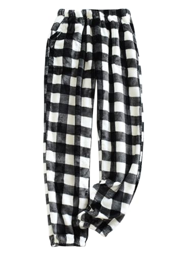 shownicer Damen Flauschige Plüsch Karierte Pyjamahose Winter Warme Plüschhose Bequeme Schlafanzughose Mit Taschen Haushose Fleecehose Sporthose B Schwarz XL von shownicer