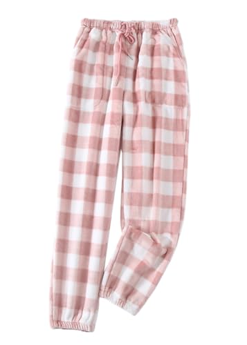 shownicer Damen Flauschige Plüsch Karierte Pyjamahose Winter Warme Plüschhose Bequeme Schlafanzughose Mit Taschen Haushose Fleecehose Sporthose D Rosa M von shownicer