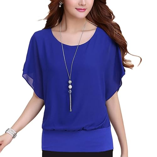 shownicer Damen Fledermaus Batwing Chiffonbluse Kurzarm Rundhals Tunika T-Shirt Top Bluse Sommer Casual Loose Fit Tops Oberteile mit Kurzen Flatter ärmel Blau M von shownicer