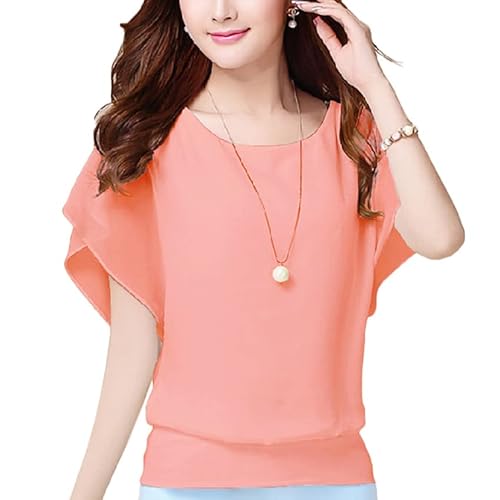 shownicer Damen Fledermaus Batwing Chiffonbluse Kurzarm Rundhals Tunika T-Shirt Top Bluse Sommer Casual Loose Fit Tops Oberteile mit Kurzen Flatter ärmel Orange M von shownicer