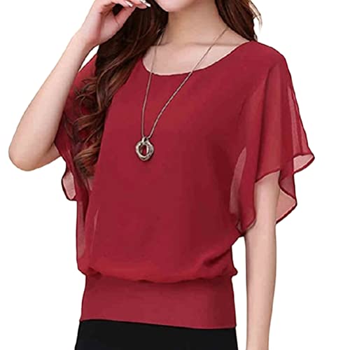 shownicer Damen Fledermaus Batwing Chiffonbluse Kurzarm Rundhals Tunika T-Shirt Top Bluse Sommer Casual Loose Fit Tops Oberteile mit Kurzen Flatter ärmel Rot L von shownicer