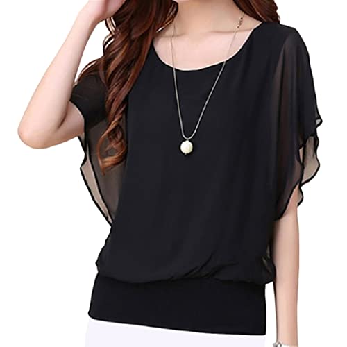 shownicer Damen Fledermaus Batwing Chiffonbluse Kurzarm Rundhals Tunika T-Shirt Top Bluse Sommer Casual Loose Fit Tops Oberteile mit Kurzen Flatter ärmel Schwarz L von shownicer