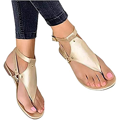 shownicer Damen Flip Flops Flache Sandalen Elegant Rom Sandalette Sommerschuhe Open Toe Römersandalen Schnallenriemen Sandalen Gold 39 EU von shownicer