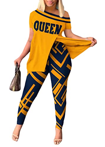 shownicer Damen Freizeitanzug Zweiteiler Outfit 2 Stück Trainingsanzug Set 2 Teilig Sportanzug Jogginganzug Drucken Oberteile und Jogginghose Sportswear Tracksuit A Gelb2 M von shownicer
