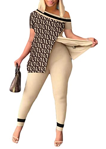 shownicer Damen Freizeitanzug Zweiteiler Outfit 2 Stück Trainingsanzug Set 2 Teilig Sportanzug Jogginganzug Drucken Oberteile und Jogginghose Sportswear Tracksuit A Khaki XL von shownicer