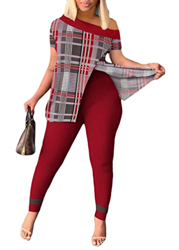 shownicer Damen Freizeitanzug Zweiteiler Outfit 2 Stück Trainingsanzug Set 2 Teilig Sportanzug Jogginganzug Drucken Oberteile und Jogginghose Sportswear Tracksuit A Rot XL von shownicer