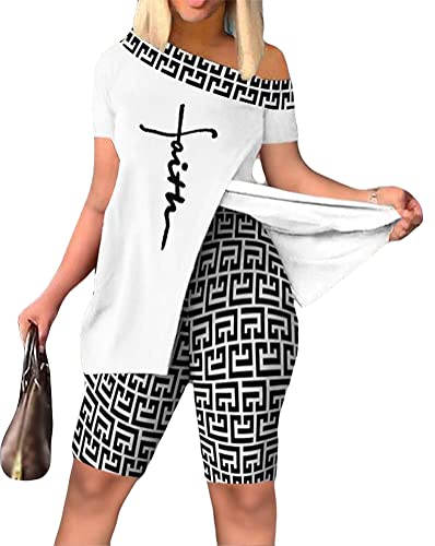 shownicer Damen Freizeitanzug Zweiteiler Outfit 2 Stück Trainingsanzug Set 2 Teilig Sportanzug Jogginganzug Drucken Oberteile und Jogginghose Sportswear Tracksuit C Weiß XXL von shownicer
