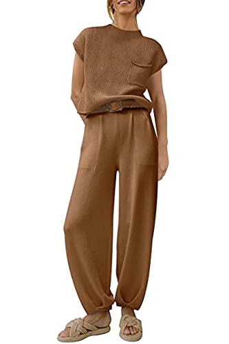 shownicer Damen Freizeitanzug Zweiteiler Outfit 2 Stück Trainingsanzug Set 2 Teilig Sportanzug Jogginganzug Einfarbig Strick Oberteile und Jogginghose Sportswear Tracksuit A Braun 3XL von shownicer