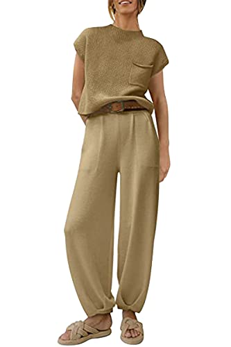 shownicer Damen Freizeitanzug Zweiteiler Outfit 2 Stück Trainingsanzug Set 2 Teilig Sportanzug Jogginganzug Einfarbig Strick Oberteile und Jogginghose Sportswear Tracksuit A Khaki 3XL von shownicer