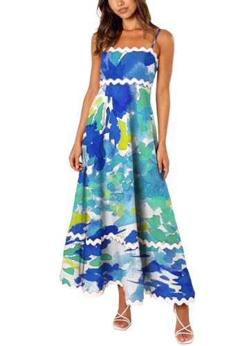 shownicer Damen Freizeitkleider Sommer ärmellose A-Line Swing Lange Kleider mit Gürtel B Blau L von shownicer