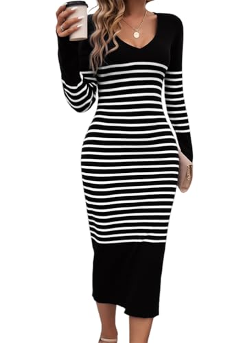 shownicer Damen Gestreiftes Pulloverkleid V Ausschnitt Langarm Freizeitkleid Herbst Winter Strickkleid Bodycon Freizeitkleid B Schwarz M von shownicer