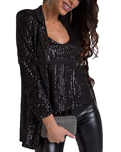 shownicer Damen Glänzend Pailletten Blazer Jacke Cardigan Langarm Bolero Tops Kurz Oberteile Elegante Glitzer Party Outfits Clubwear Schwarz L von shownicer