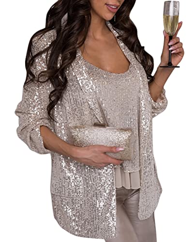 shownicer Damen Glänzend Pailletten Blazer Jacke Cardigan Langarm Bolero Tops Kurz Oberteile Elegante Glitzer Party Outfits Clubwear Silber M von shownicer