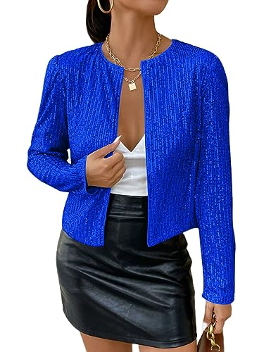 shownicer Damen Glänzend Pailletten Blazer Jacke Langarm Cardigan Tops Kurz Oberteile Eleganter Blazer Glitzer Clubwear Outfits Party Tops A Blau L von shownicer