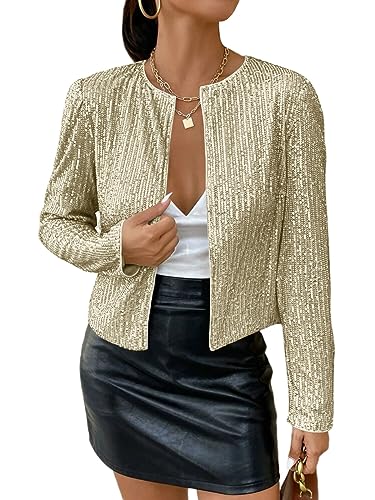 shownicer Damen Glänzend Pailletten Blazer Jacke Langarm Cardigan Tops Kurz Oberteile Eleganter Blazer Glitzer Clubwear Outfits Party Tops A Champagner M von shownicer