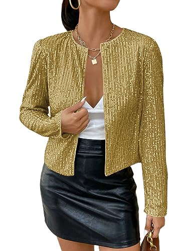 shownicer Damen Glänzend Pailletten Blazer Jacke Langarm Cardigan Tops Kurz Oberteile Eleganter Blazer Glitzer Clubwear Outfits Party Tops A Gold L von shownicer