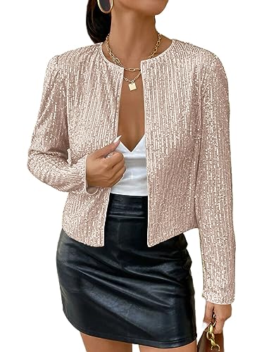 shownicer Damen Glänzend Pailletten Blazer Jacke Langarm Cardigan Tops Kurz Oberteile Eleganter Blazer Glitzer Clubwear Outfits Party Tops A Roségold L von shownicer