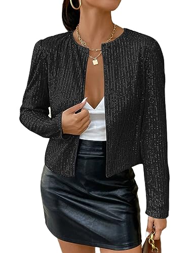 shownicer Damen Glänzend Pailletten Blazer Jacke Langarm Cardigan Tops Kurz Oberteile Eleganter Blazer Glitzer Clubwear Outfits Party Tops A Schwarz L von shownicer