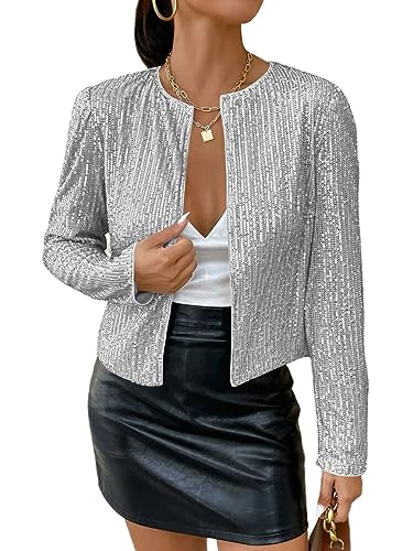 shownicer Damen Glänzend Pailletten Blazer Jacke Langarm Cardigan Tops Kurz Oberteile Eleganter Blazer Glitzer Clubwear Outfits Party Tops A Silber 3XL von shownicer