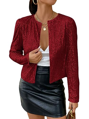 shownicer Damen Glänzend Pailletten Blazer Jacke Langarm Cardigan Tops Kurz Oberteile Eleganter Blazer Glitzer Clubwear Outfits Party Tops A Weinrot XXL von shownicer