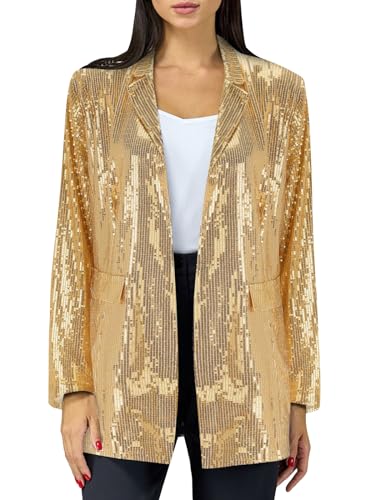 shownicer Damen Glänzend Pailletten Blazer Jacke Langarm Cardigan Tops Kurz Oberteile Eleganter Blazer Glitzer Clubwear Outfits Party Tops B Gold L von shownicer