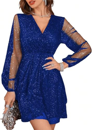 shownicer Damen Glitzer Kleid Elegant V-Ausschnitt Festlich Kleid Langarm Paillettenkleid Glitzer Abendkleid Knielang/Midi Cocktailkleid A-Line Swing Partykleid A Blau M von shownicer