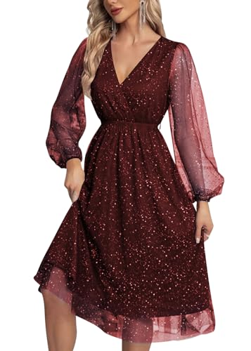 shownicer Damen Glitzer Kleid Elegant V-Ausschnitt Festlich Kleid Langarm Paillettenkleid Glitzer Abendkleid Knielang/Midi Cocktailkleid A-Line Swing Partykleid B Rot L von shownicer